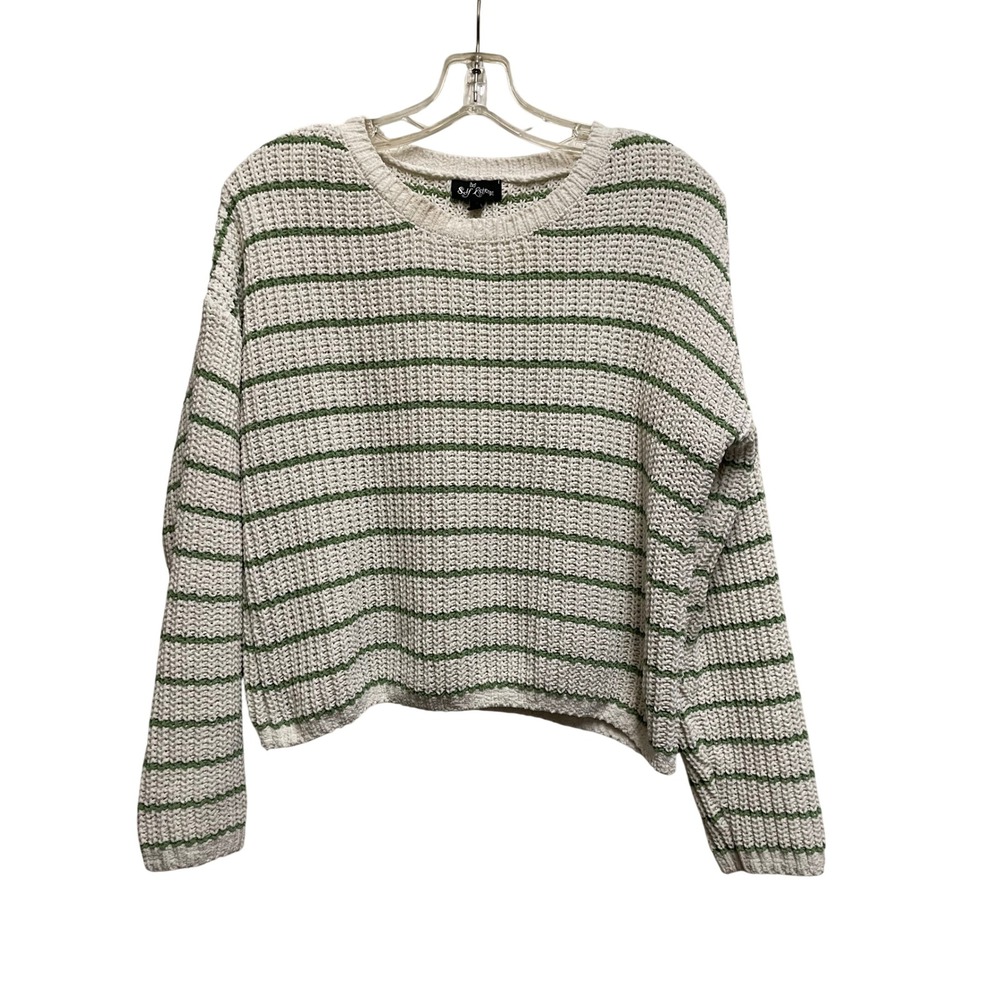 Self Esteem Womens Striped Knit Sweater Cream Green Crewneck Chenille Pullover